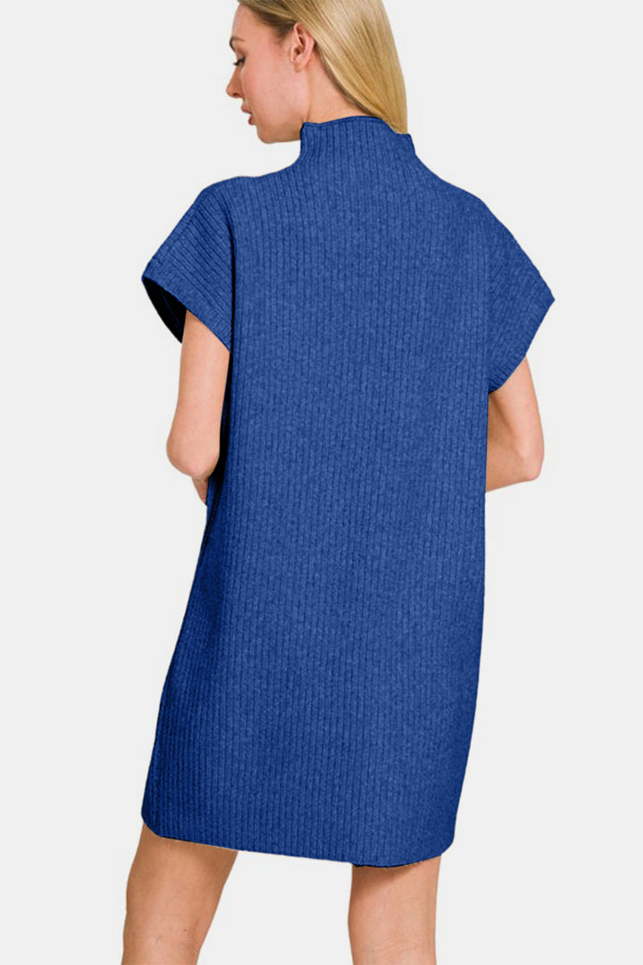 Zenana Short Sleeve Sweater Mini Dress In Navy