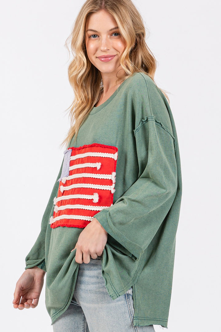 SAGE + FIG American Flag Patch Drop Shoulder Top In Teal