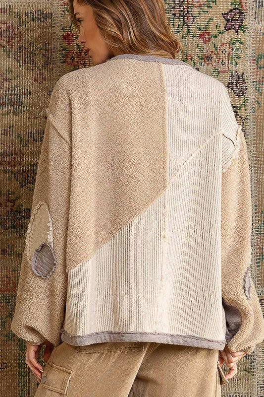 POL Color Block Half Zip Sweatshirt In Beige