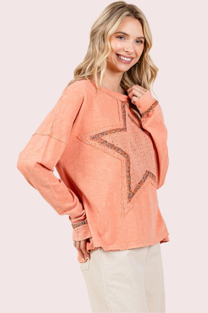 Mittoshop Mineral Wash Star Patch Long Sleeve T-Shirt In Coral Cream