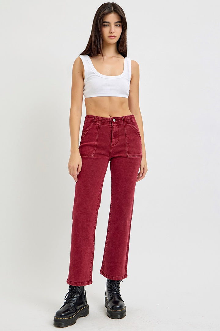 RISEN High Rise Straight Jeans with Patch Pockets In Wine