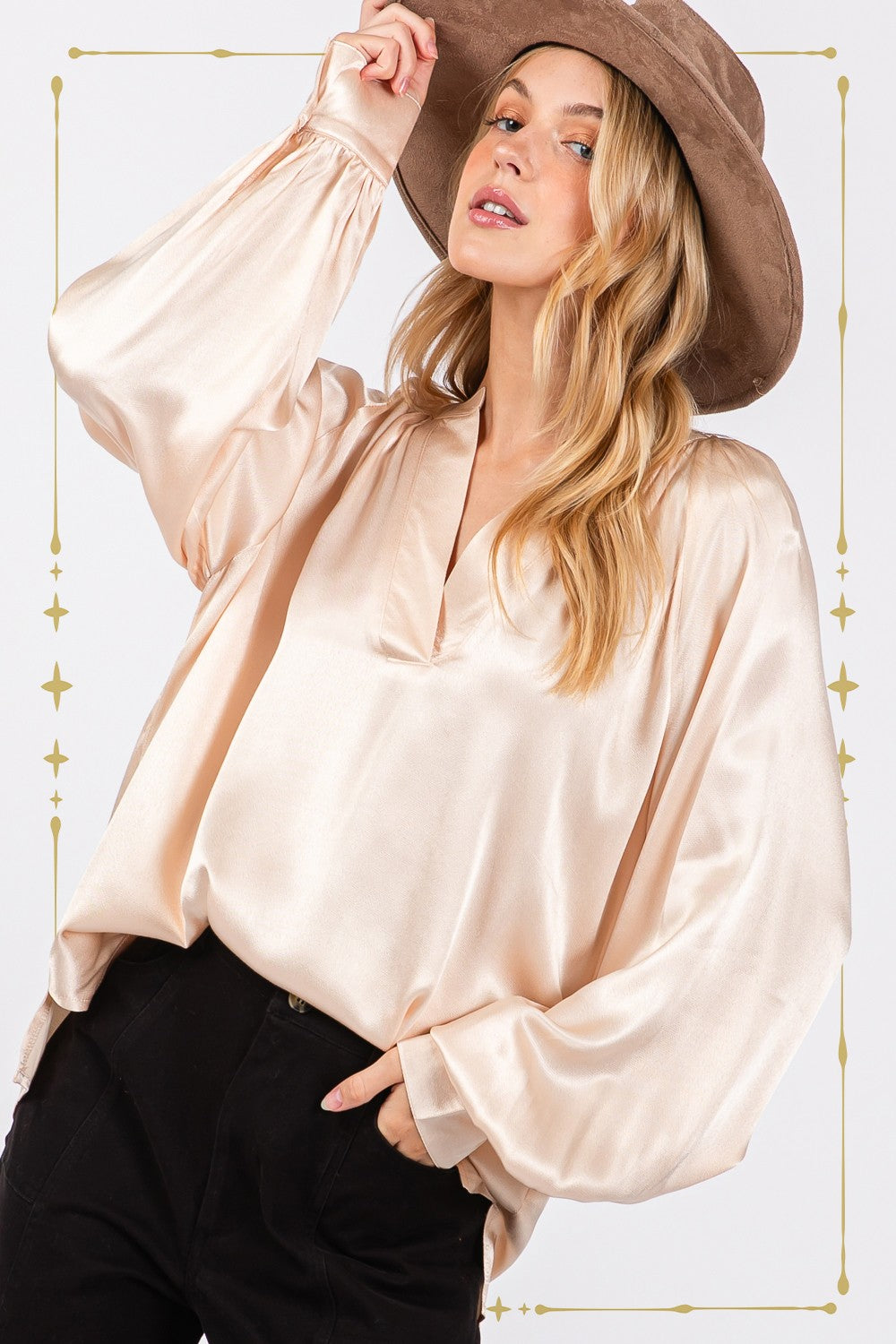 SAGE + FIG Notched Long Sleeve Top In Champagne