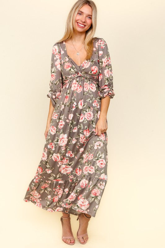 Haptics Twisted Detail Ruffled Hem Floral Dress with Side Pockets In Mauve