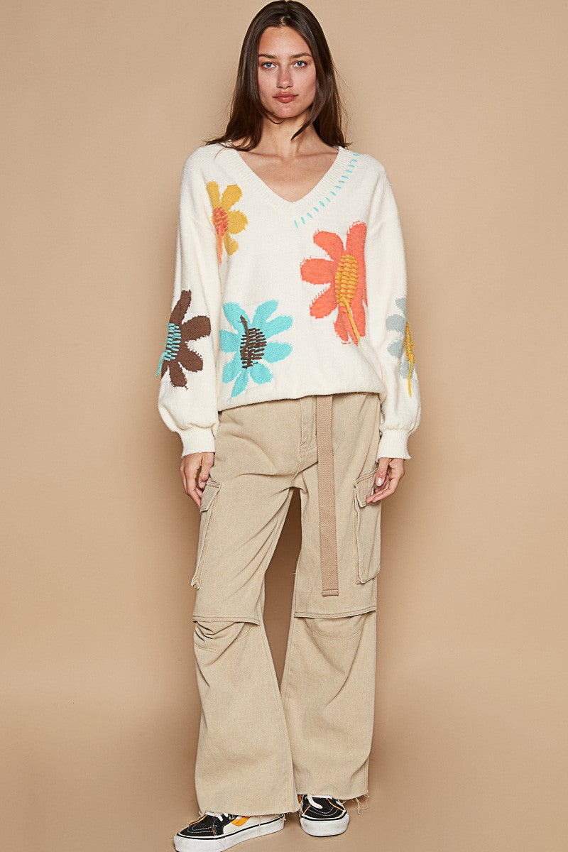 POL Flower Fringe Sweater In Ivory