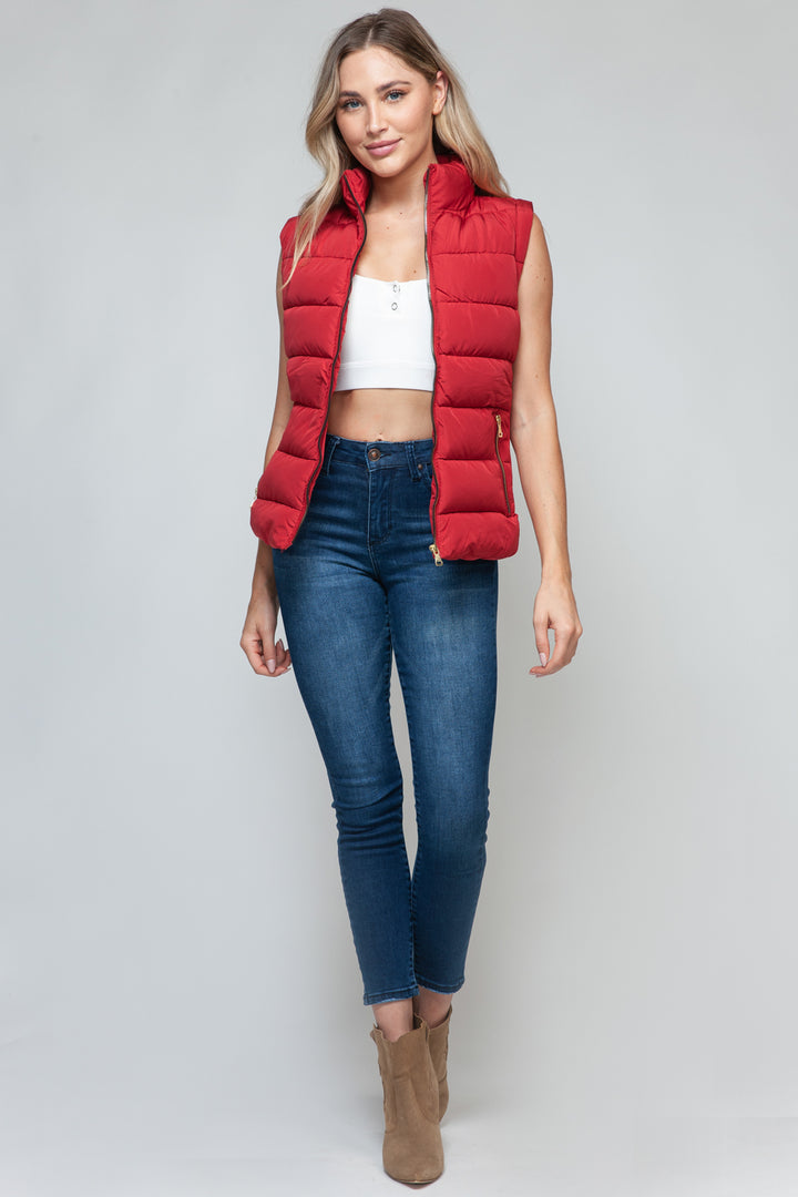 Snobbish Zip Up Turtleneck Vest with Pockets In Red