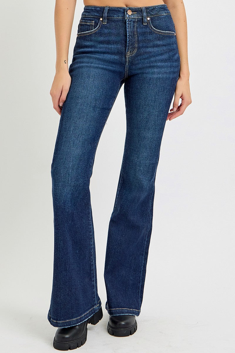 RISEN High Rise Flare Jeans with Pockets In Dark Wash