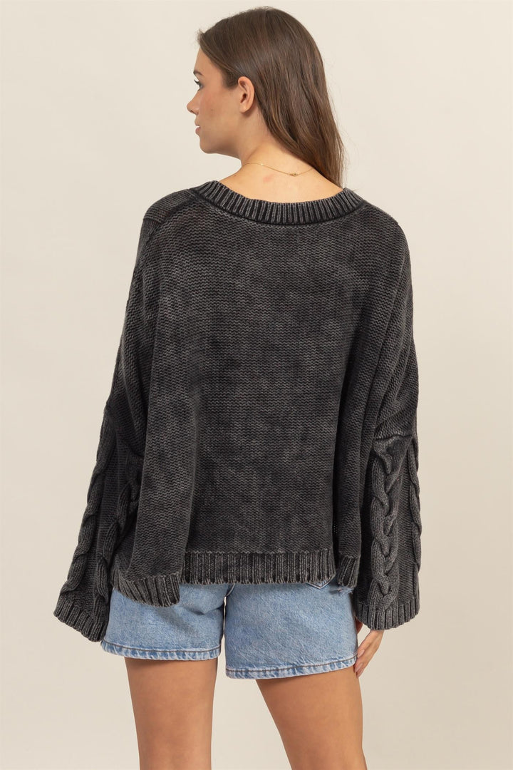 HYFVE Cable Knit V-Neck Dropped Shoulder Oversized Sweater In Charcoal