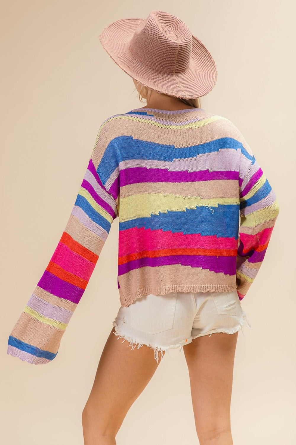 BiBi Multi Color Geometric Stripe Sweater In Latte