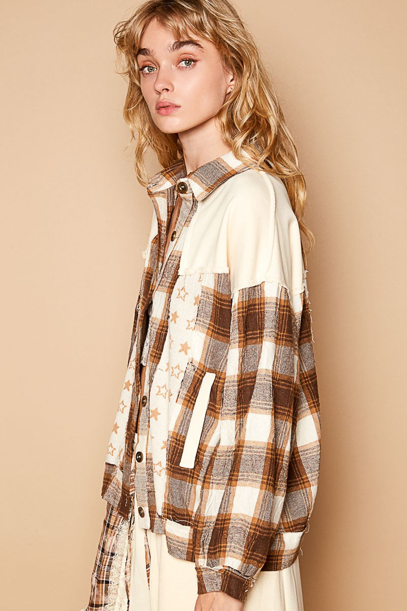 POL Plaid & Star Patchwork Contrast Long Sleeve Shacket In Beige