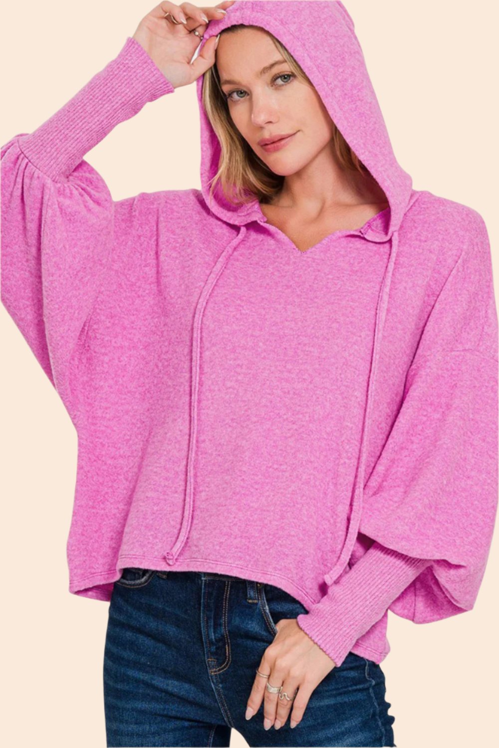 Zenana Brushed Hacci Drop Shoulder Cropped Hoodie In Bright Mauve