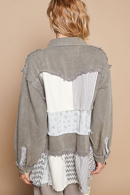 POL Raw Hem Patchwork Jacket In Charcoal