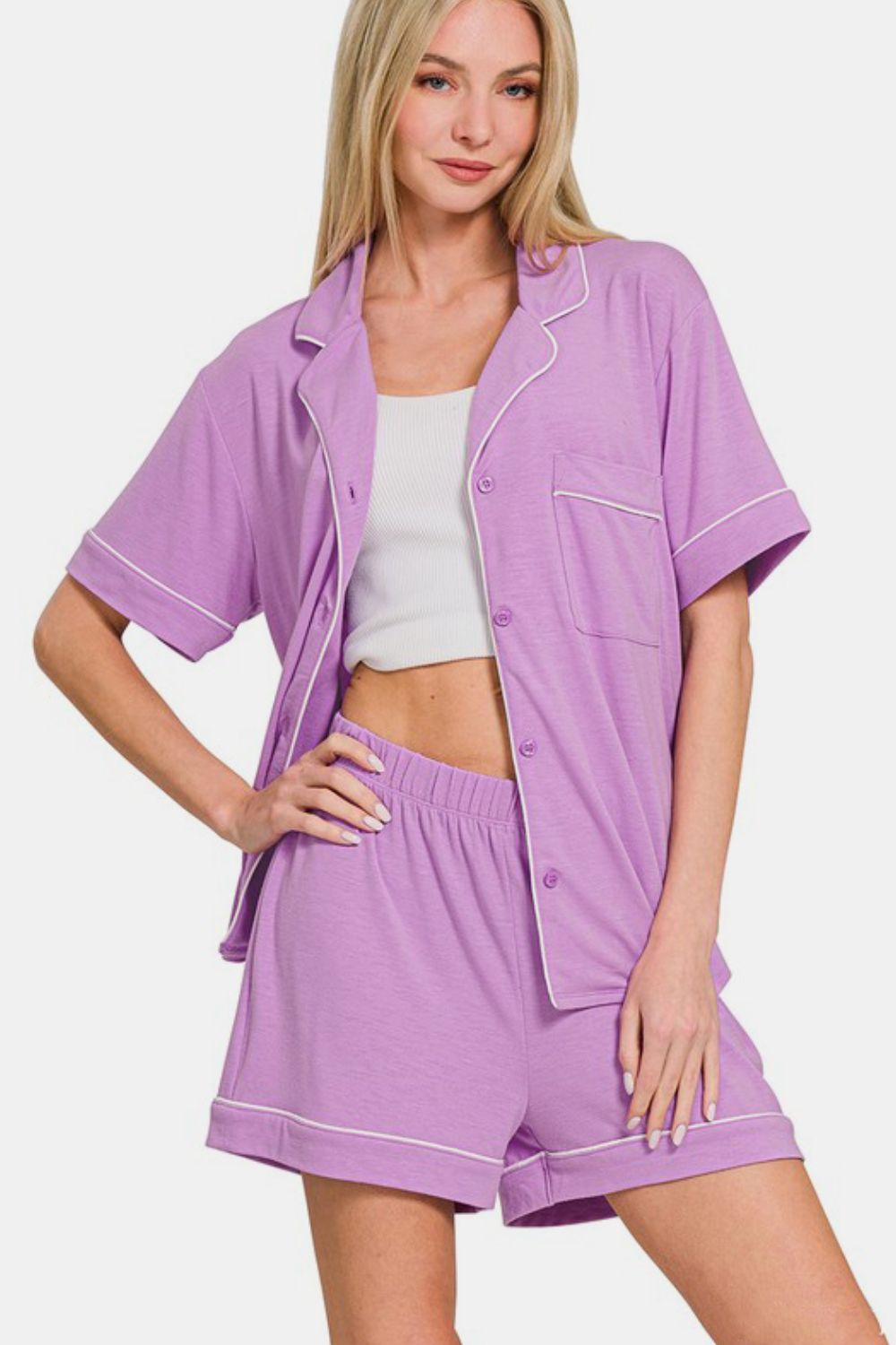 Zenana Button Down Top and Shorts Lounge Set In Heliotrope