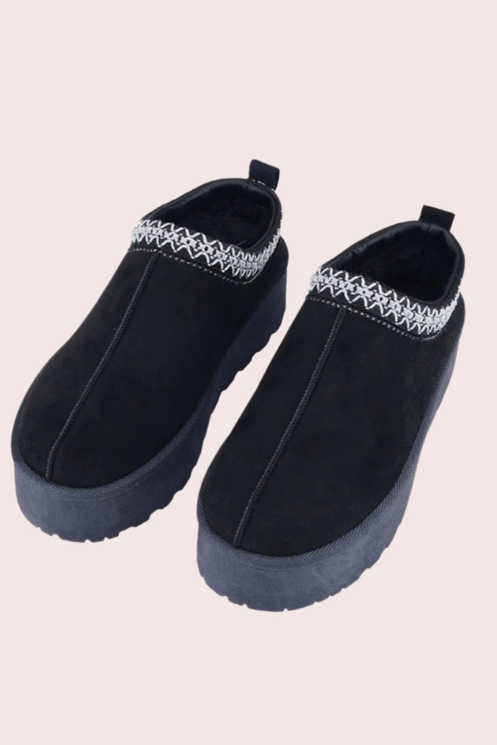 Platform Embroidered Trim Slip-On Boots In Black