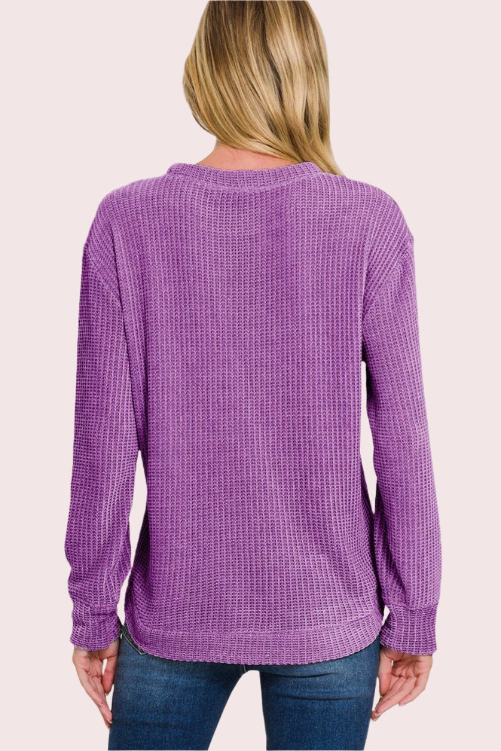 Zenana Chenille Waffle Round Neck Sweater In Violet