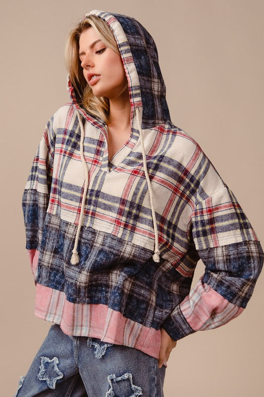 BiBi Drawstring Plaid Hoodie In Cream