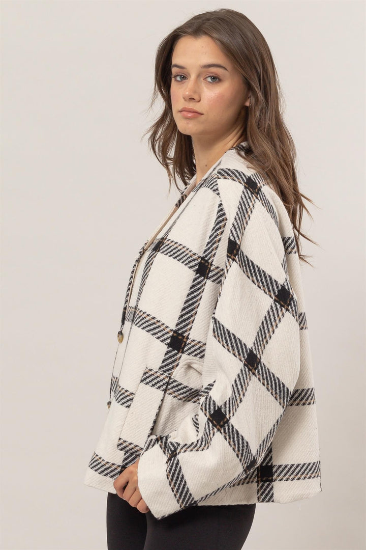 HYFVE Plaid Long Sleeve Jacket with Side Slit Pockets In Cream