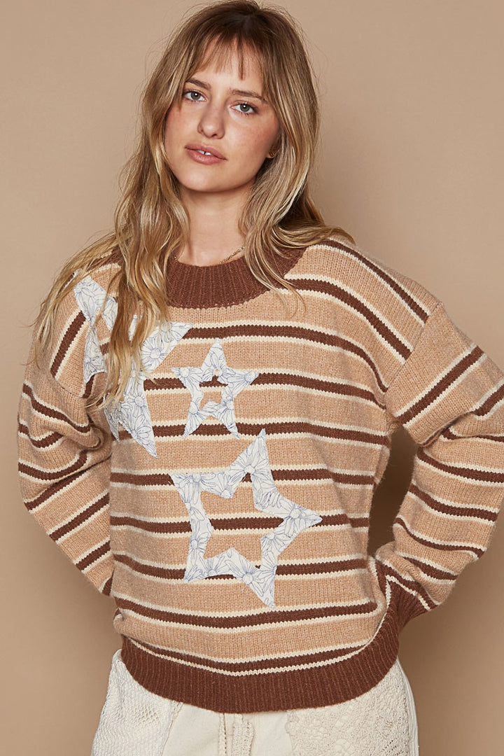 POL Star Patch Stripe Round Neck Sweater In Brown