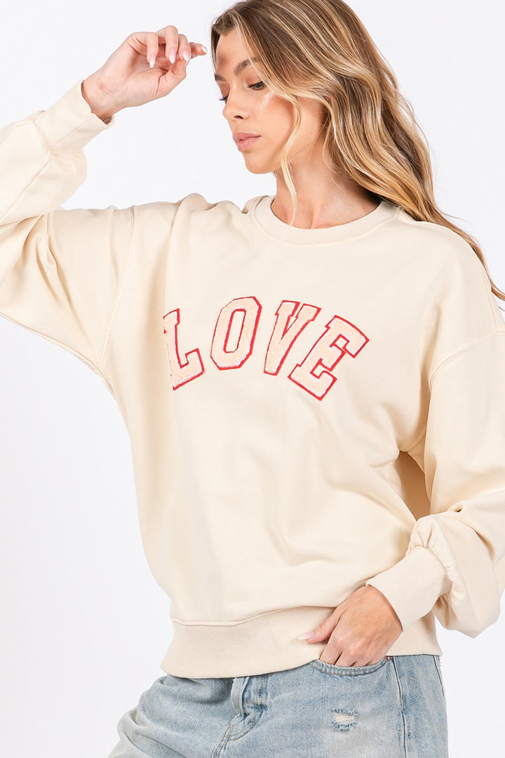 SAGE + FIG LOVE Path Applique Drop Shoulder Sweatshirt In Ivory