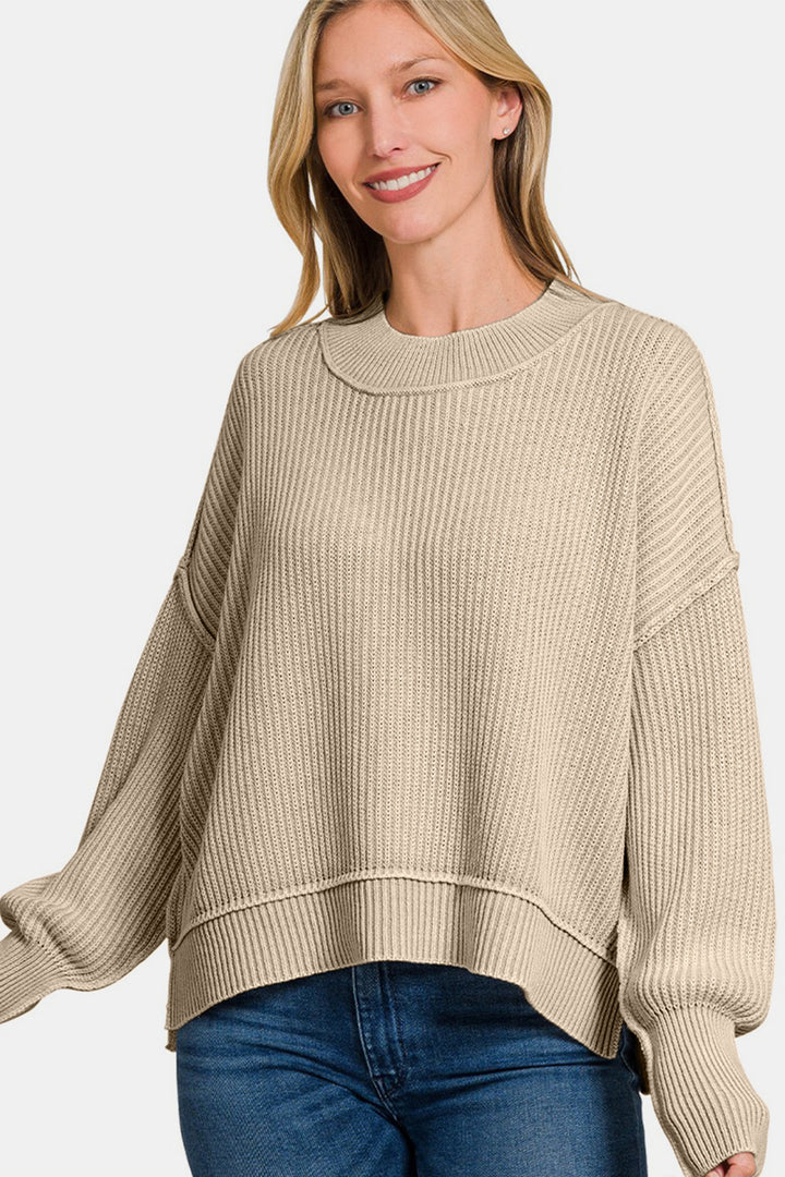 Zenana Exposed Seam Sweater Light Mocha