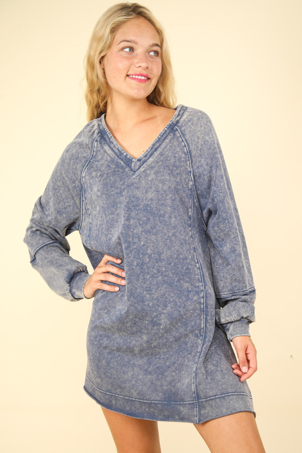 VERY J Mineral Washed Oversized A-Line Mini Dress In Denim