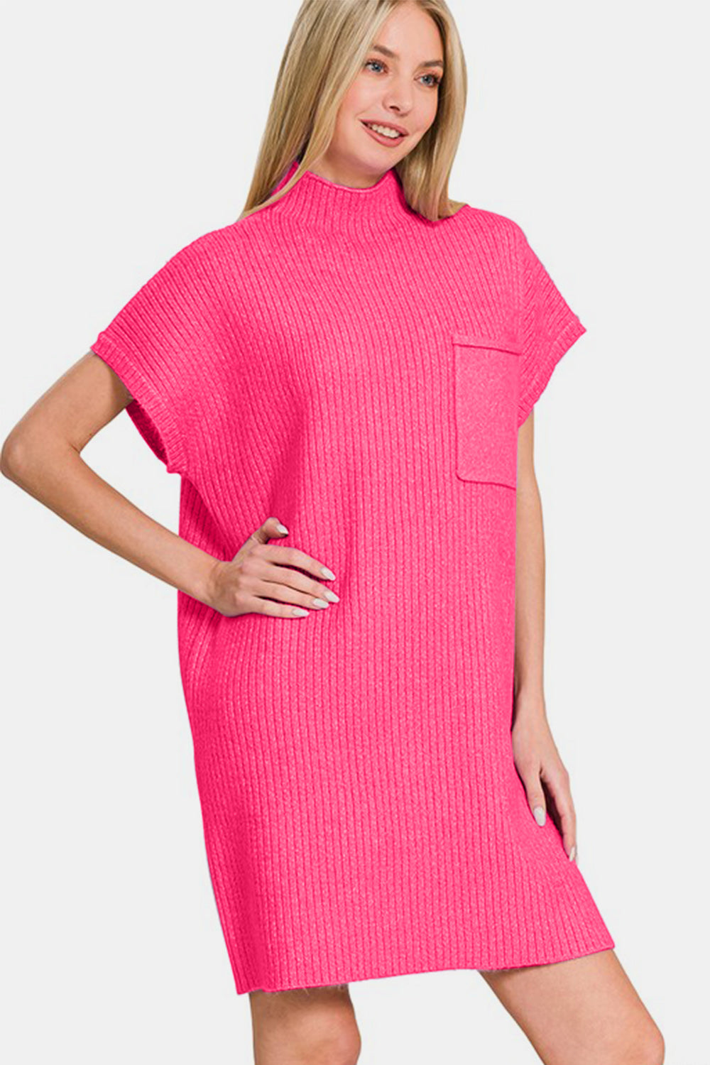 Zenana Short Sleeve Sweater Mini Dress In Hot Pink