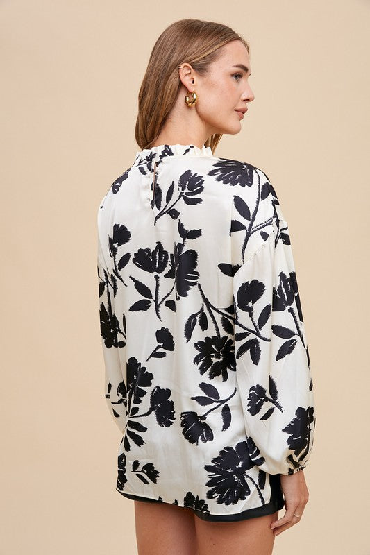 Annie Wear Frill Printed Balloon Sleeve Blouse In White