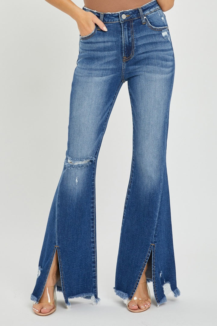 RISEN Gianna High Rise Front Slit Frayed Hem Flare Jeans