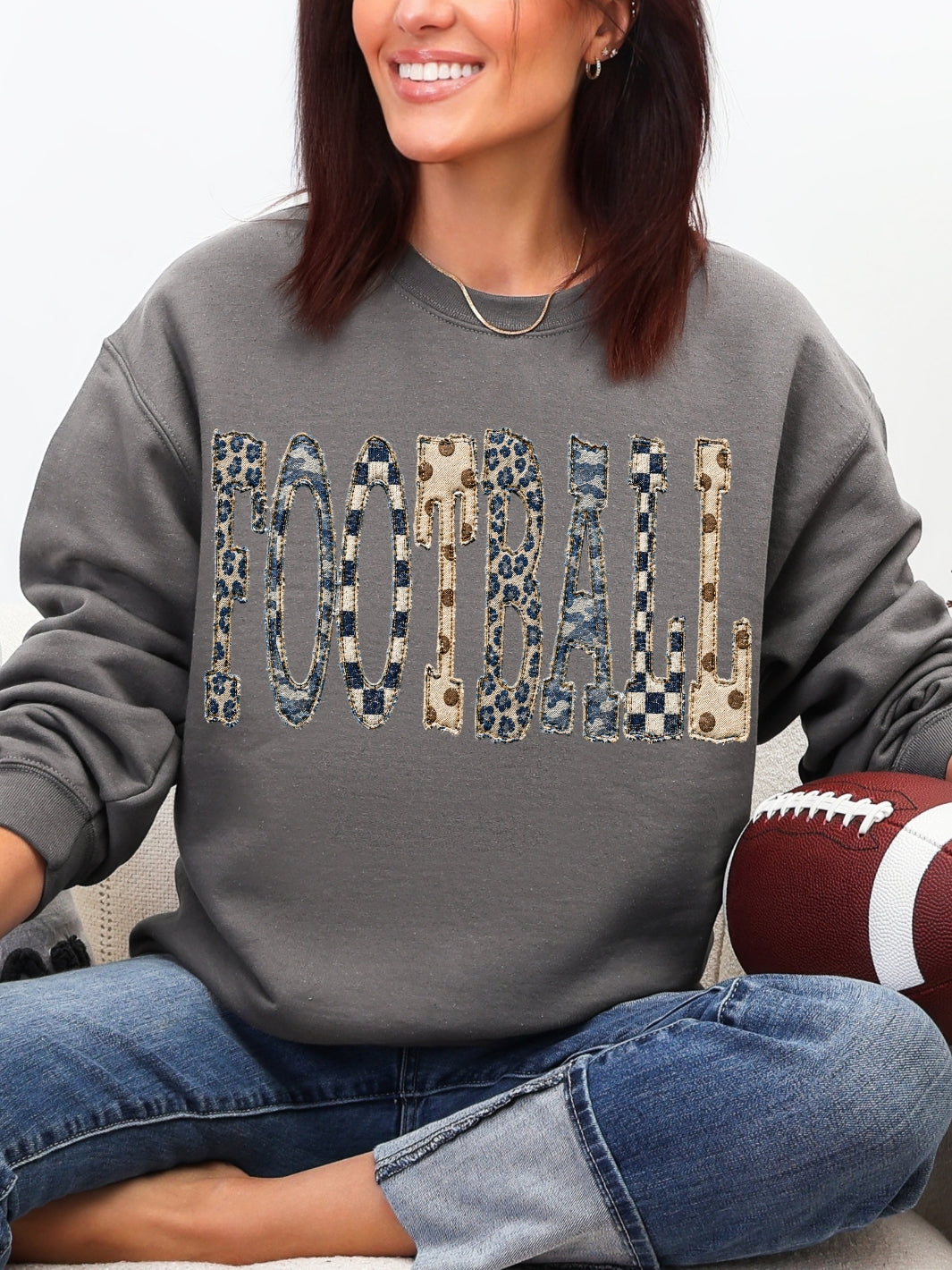 Retro Football Faux Patchwork Graphic Crewneck Sweatshirt