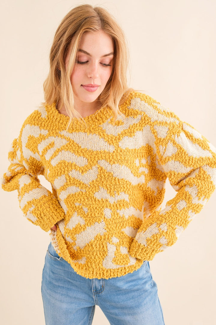 And The Why Textured Pattern Contrast Sweater In Mustard