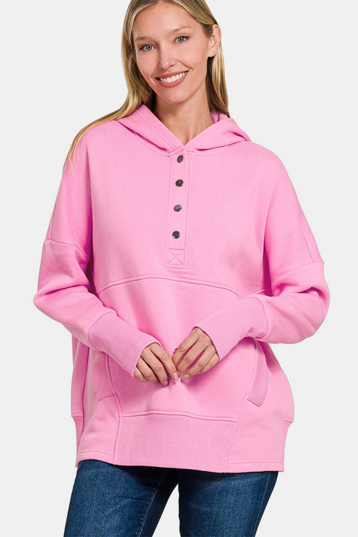 Zenana Half Snap Hoodie with Kangaroo Pocket In Pink