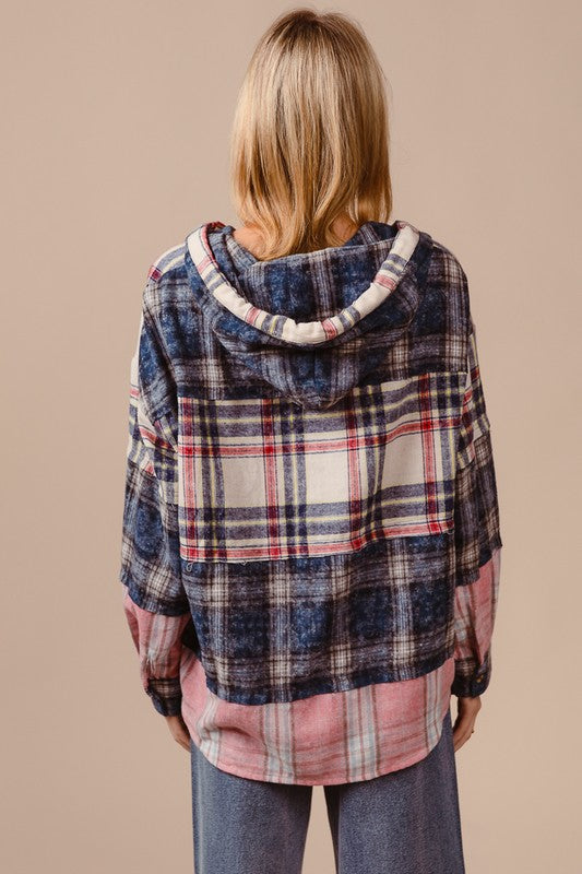 BiBi Drawstring Plaid Hoodie In Cream