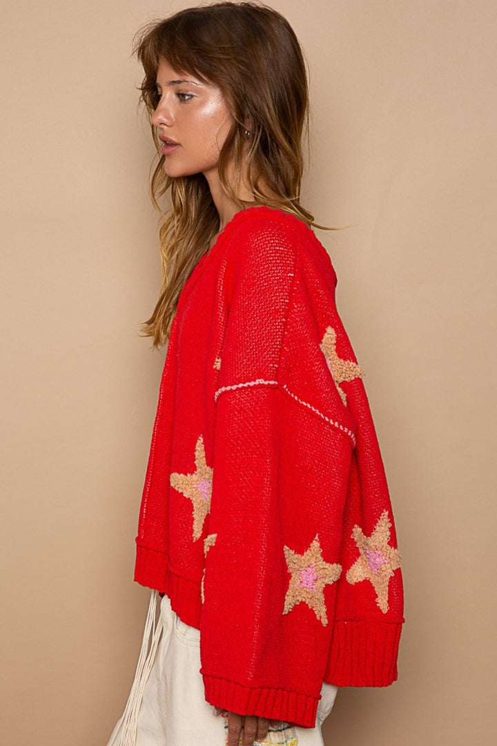 POL Long Sleeve Star Patch Sweater In Apple Red