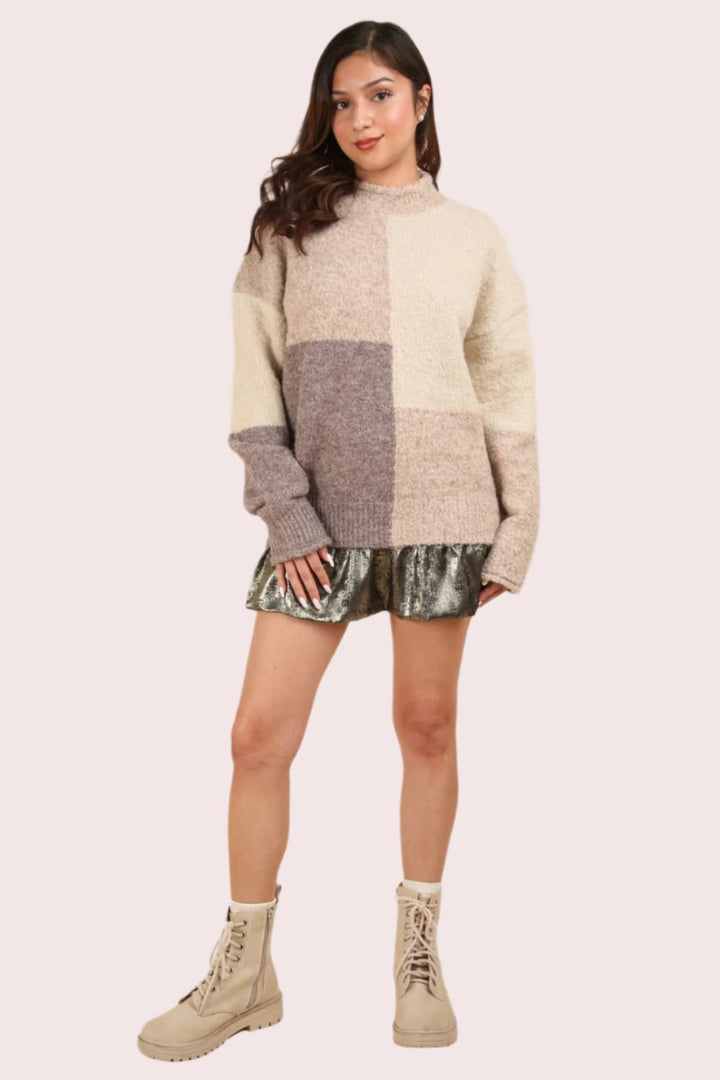 VERY J Color Block Mock Neck Drop Shoulder Sweater In Cream