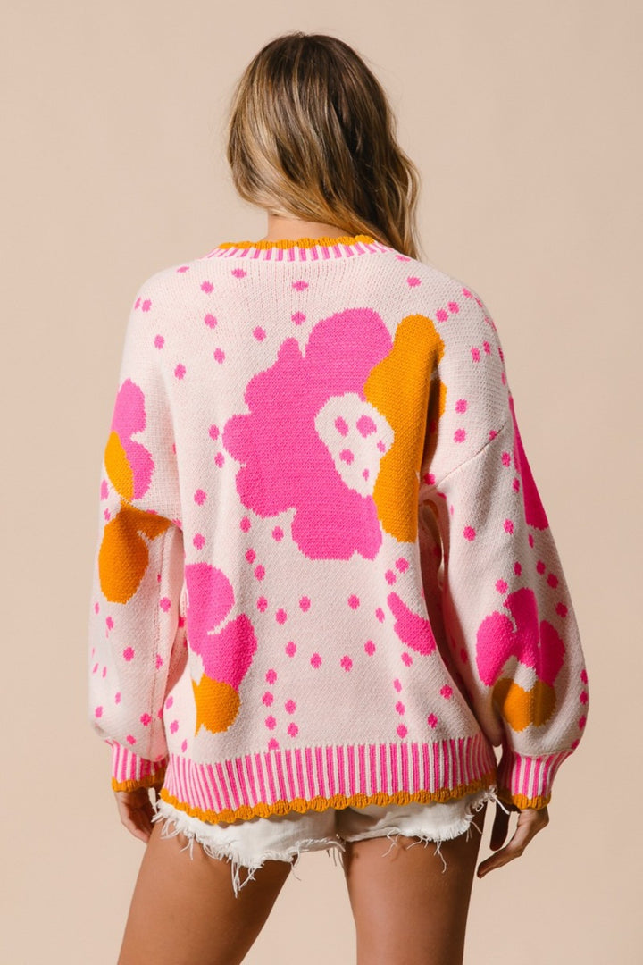 BiBi Flower Pattern Contrast Sweater In Pink