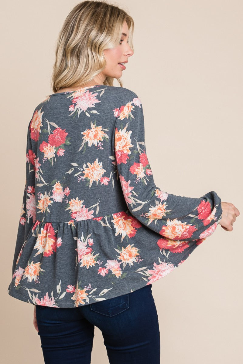 Super Lady Babydoll Floral Long Sleeve Blouse