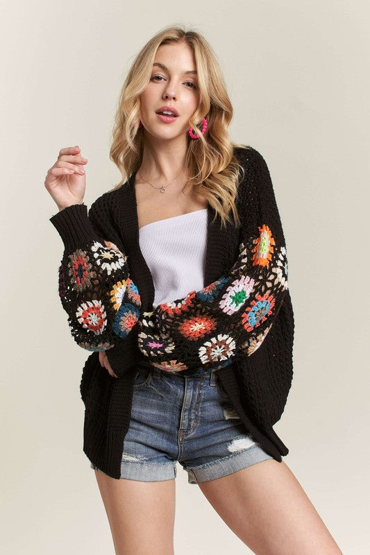 ADORA Crochet Open Front Cardigan In Black