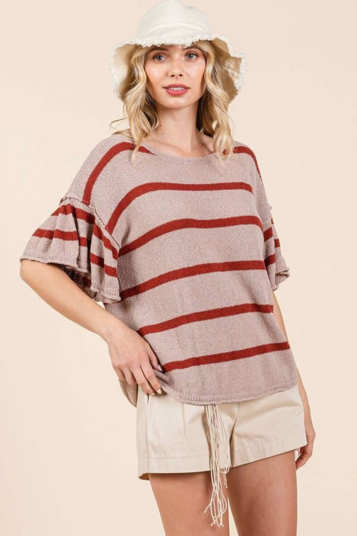 Mittoshop Striped Flounce Sleeve Knit Top In Mocha