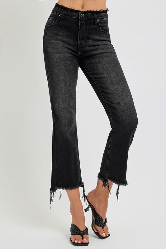 RISEN Raw Hem Cropped Flare Jeans In Black