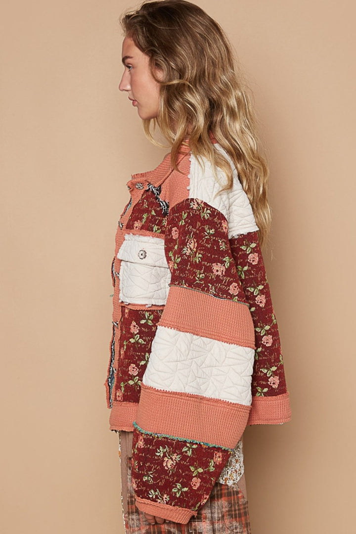 POL Washed Jacquard Color Block Jacket In Brick