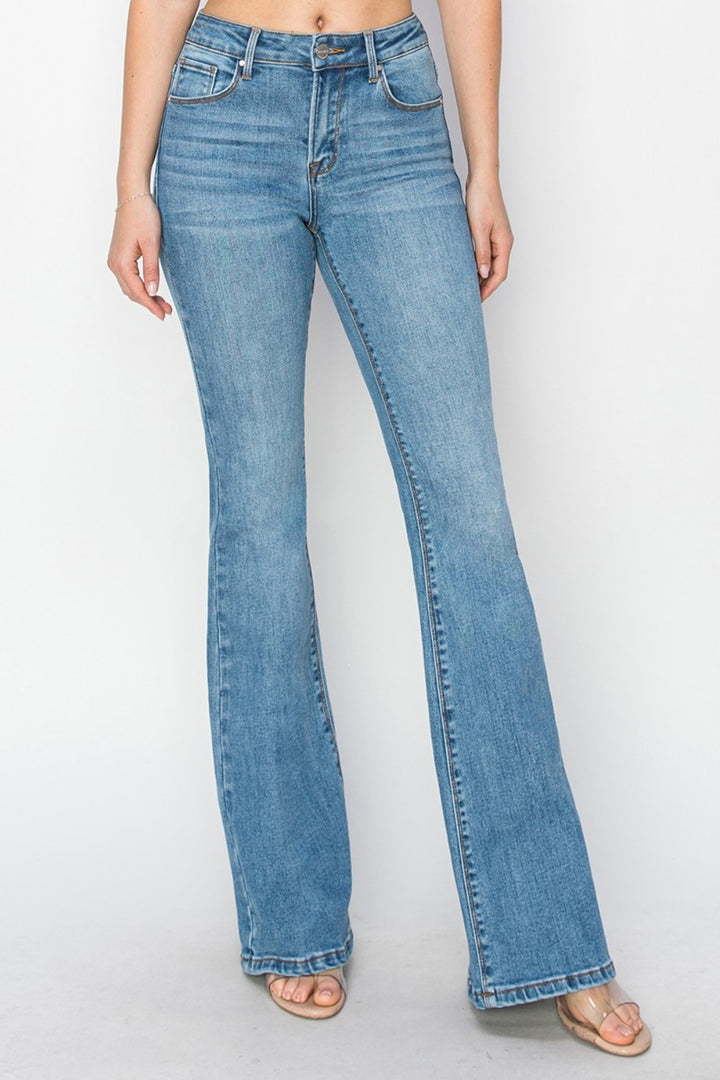 RISEN Mid Rise Flare Jeans with Pockets In Medium Wash