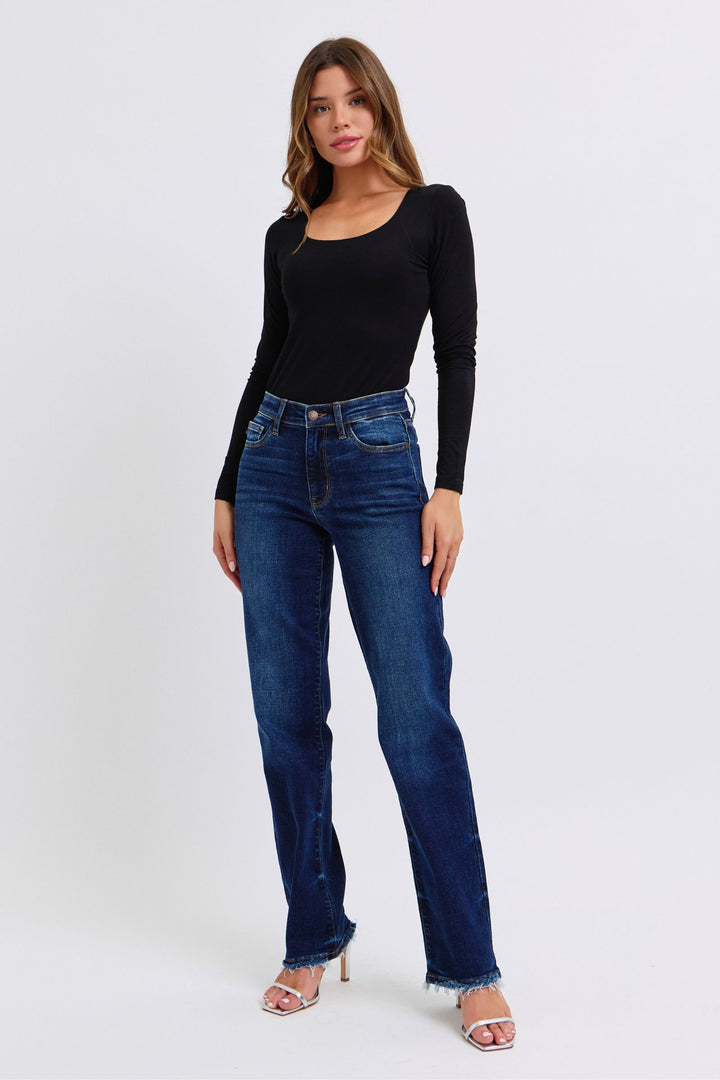 Judy Blue Jacqueline Mid Rise Frayed Hem Straight Leg Jean