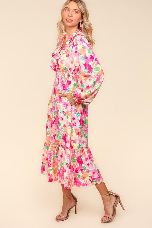 Haptics Floral Surplice Balloon Sleeve Dress with Side Pockets In Multi