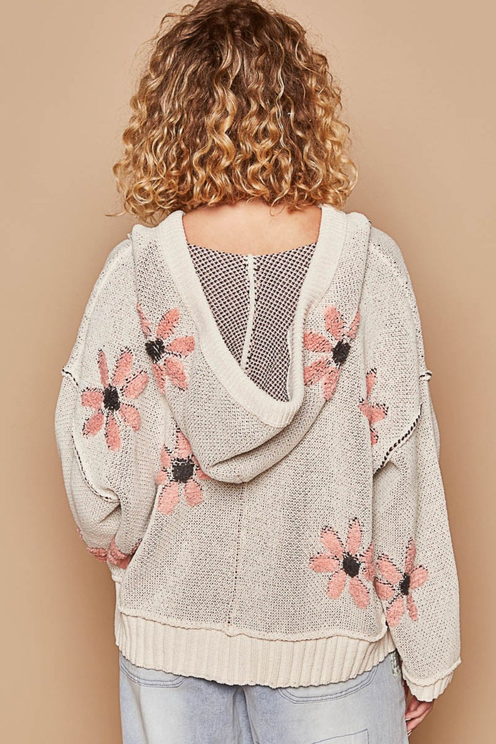 POL Floral Pattern Hooded High-Low Sweater In Pale Almond