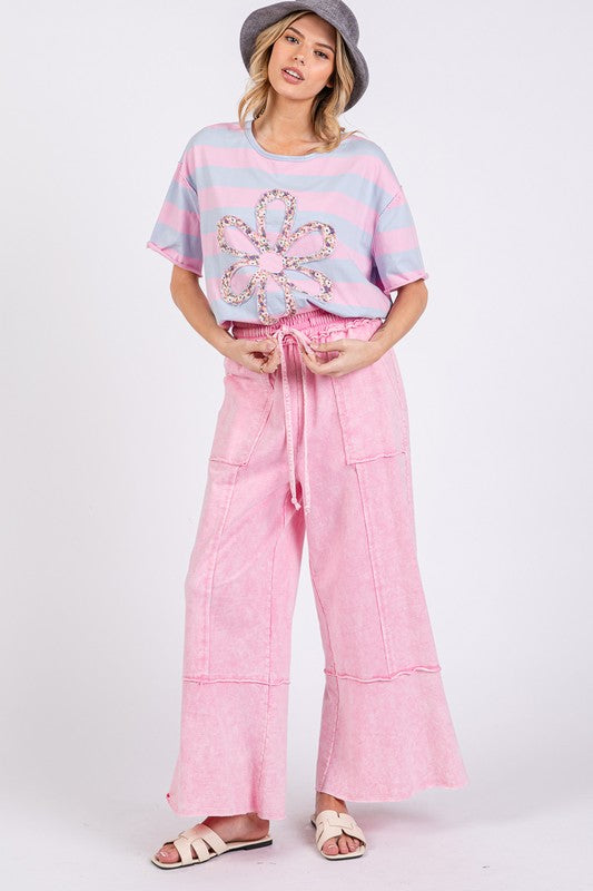 SAGE + FIG Mineral Washed Terry Wide Leg Pants In Pink