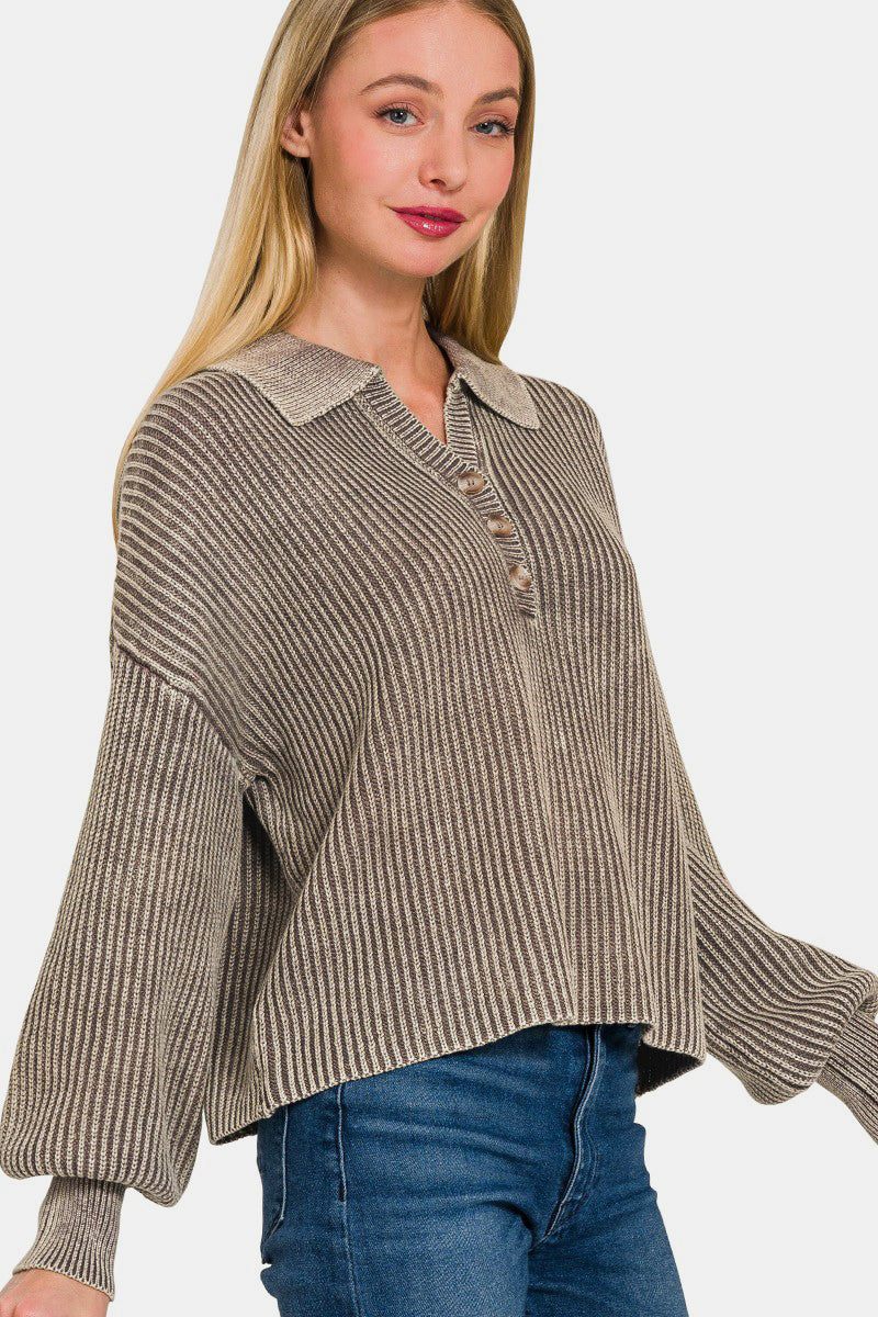 Zenana Washed Half Button Sweater In Mocha