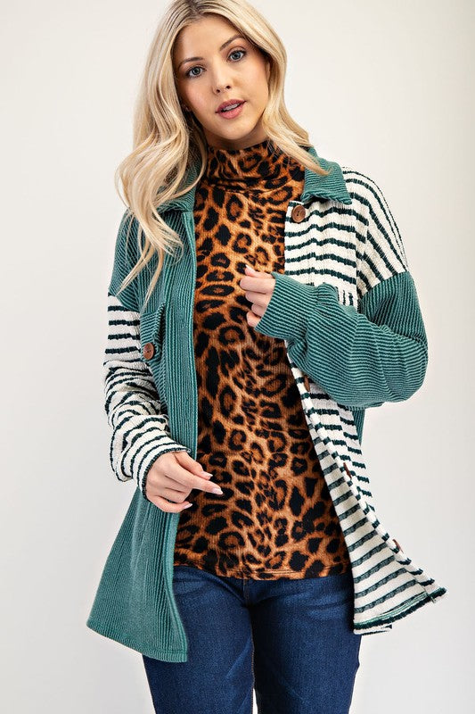 Celeste Leopard Contrast Button Up Shacket In Turquoise