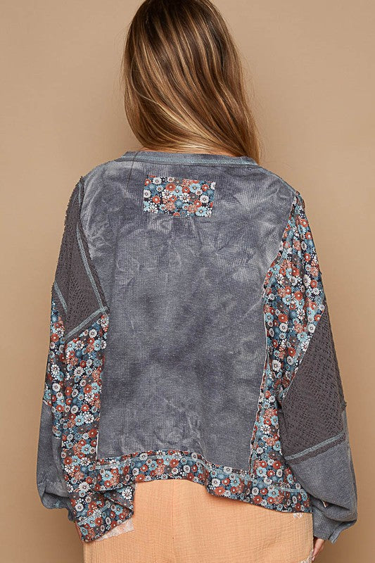 POL Floral Patchwork Knit Top In Gray