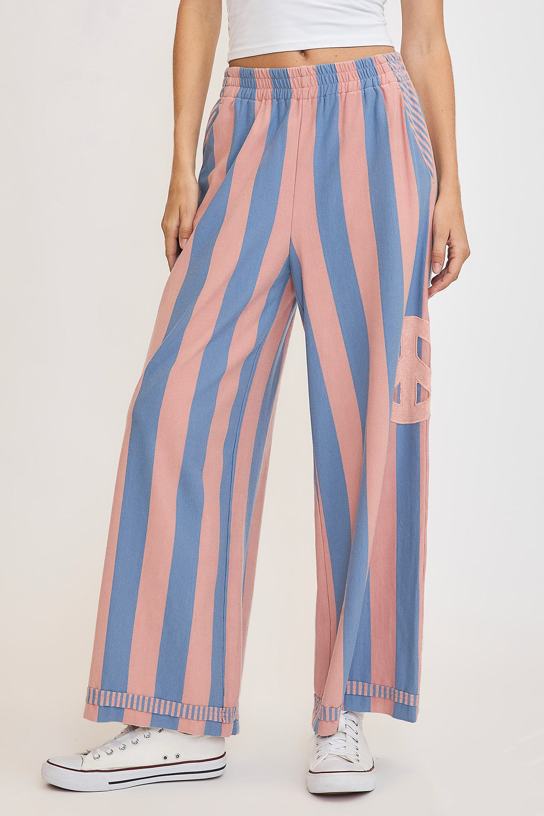 Umgee Peace Sign Patch Striped Wide Leg Pants In Dusty Blue