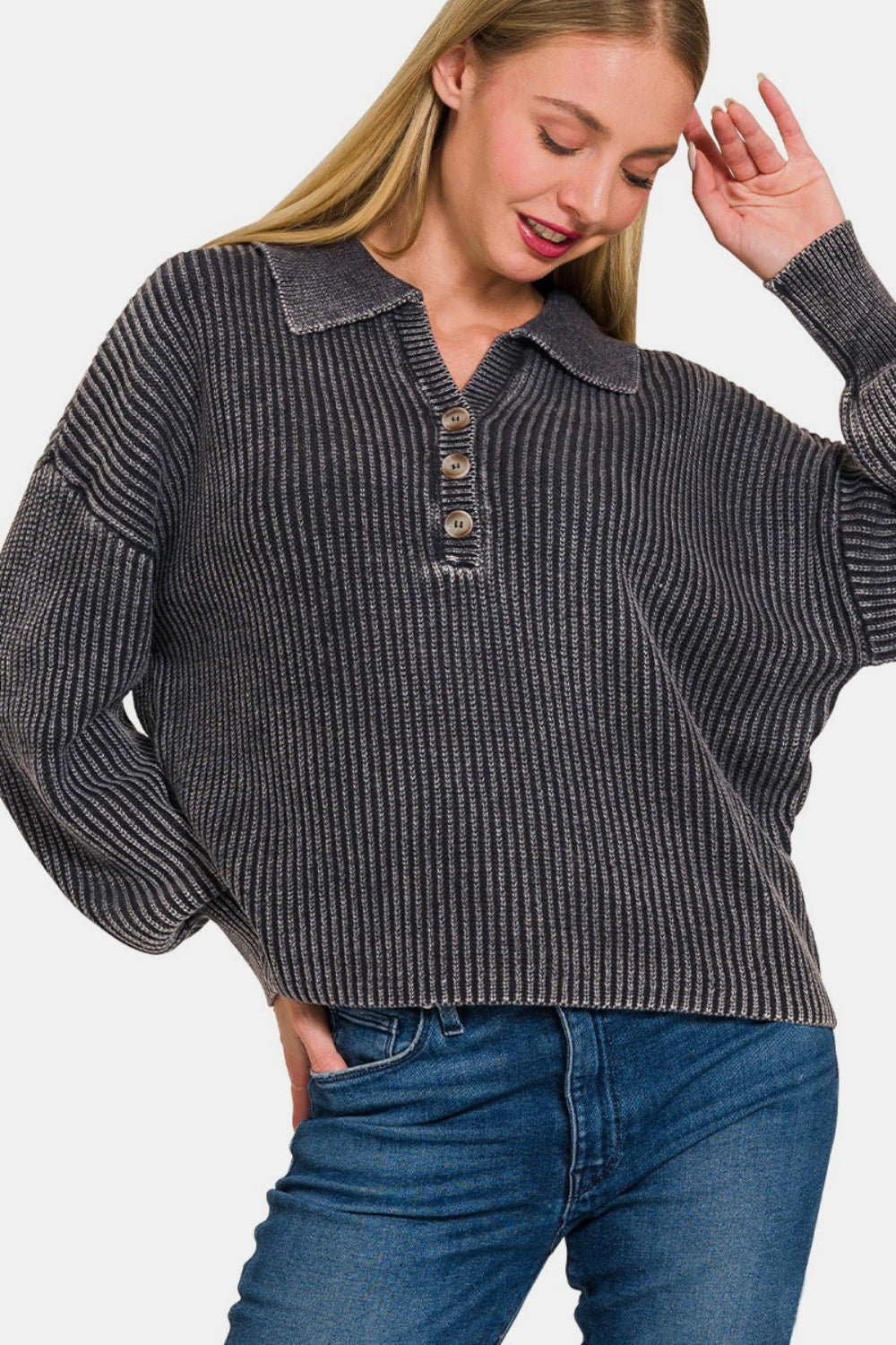 Zenana Washed Half Button Sweater In Black