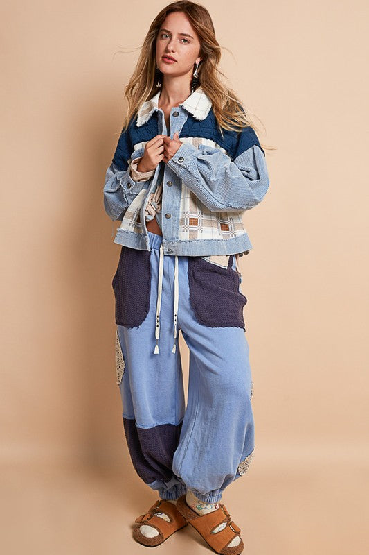 POL Corduroy Jacquard Patchwork Jacket In Light Blue